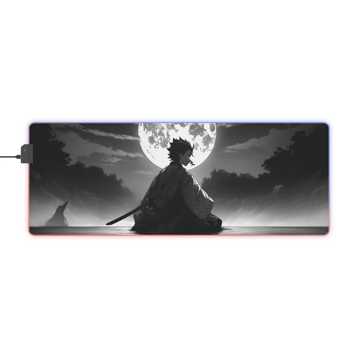 Samurai Moon LED Gaming Mouse Pad — RGB Extended Desk Mat for Gamers