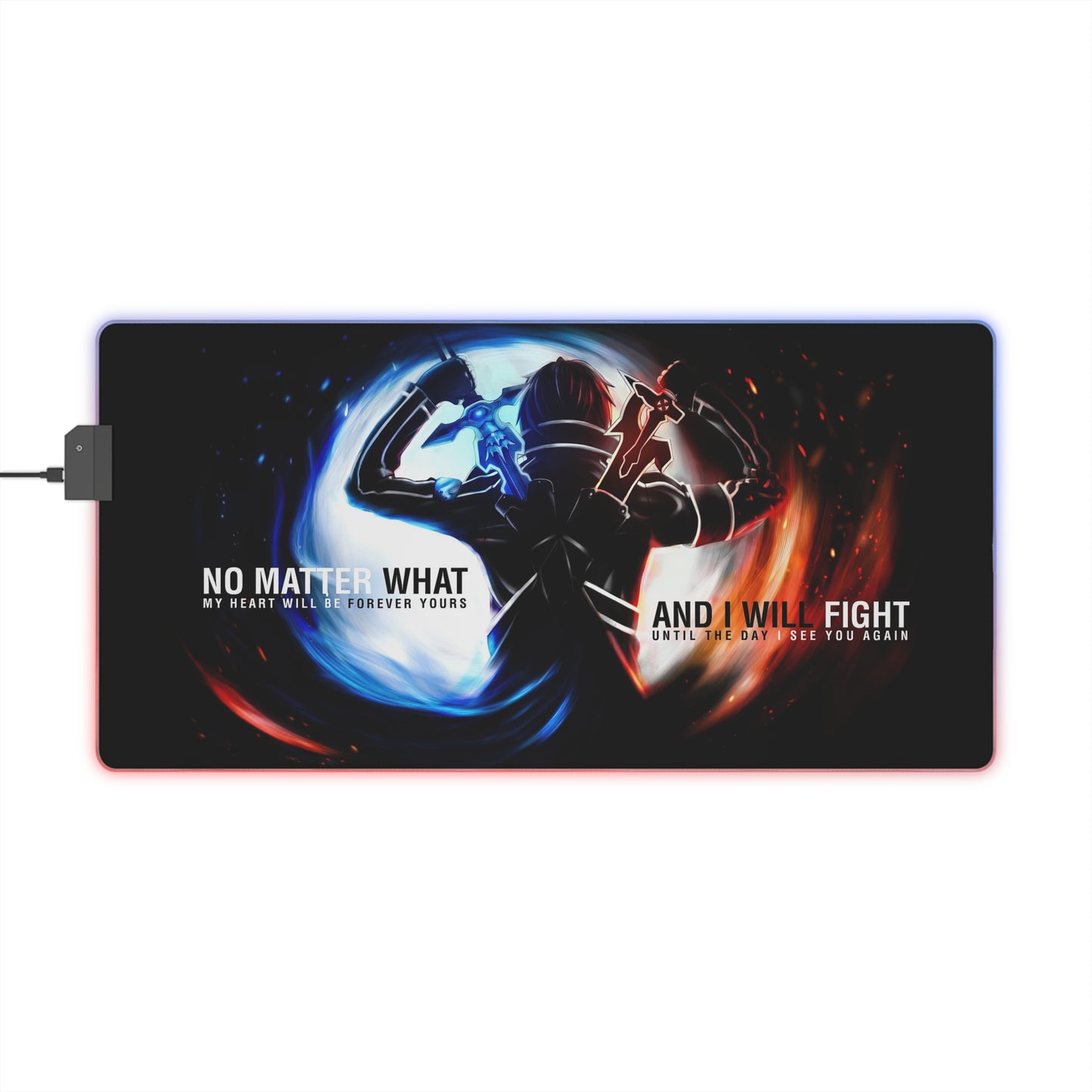 LED Gaming Mouse Pad — Dual Blade Warrior RGB Desk Mat with "No Matter What… And I Will Fight" Quote