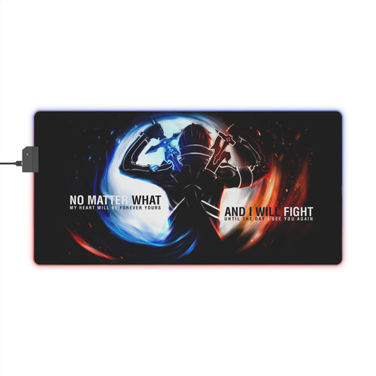 LED Gaming Mouse Pad — Dual Blade Warrior RGB Desk Mat with "No Matter What… And I Will Fight" Quote