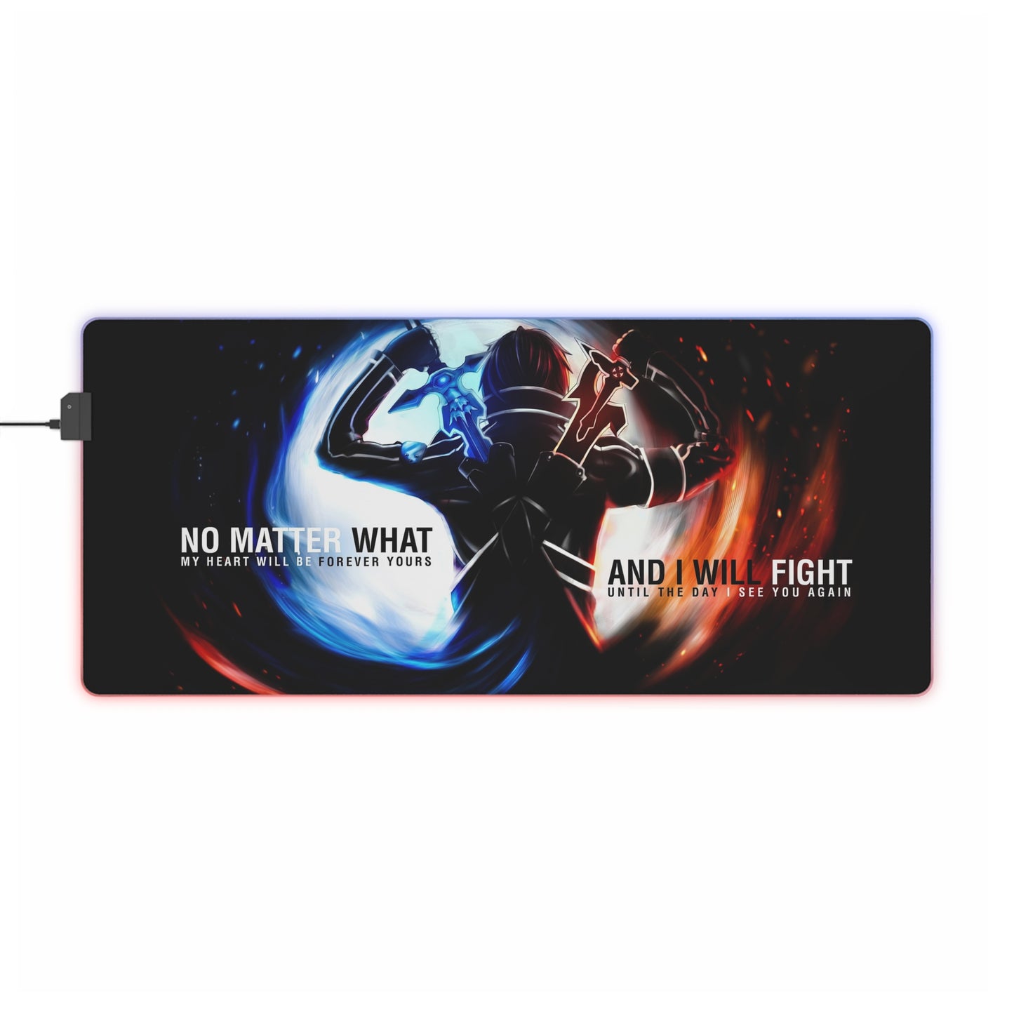 LED Gaming Mouse Pad — Dual Blade Warrior RGB Desk Mat with "No Matter What… And I Will Fight" Quote