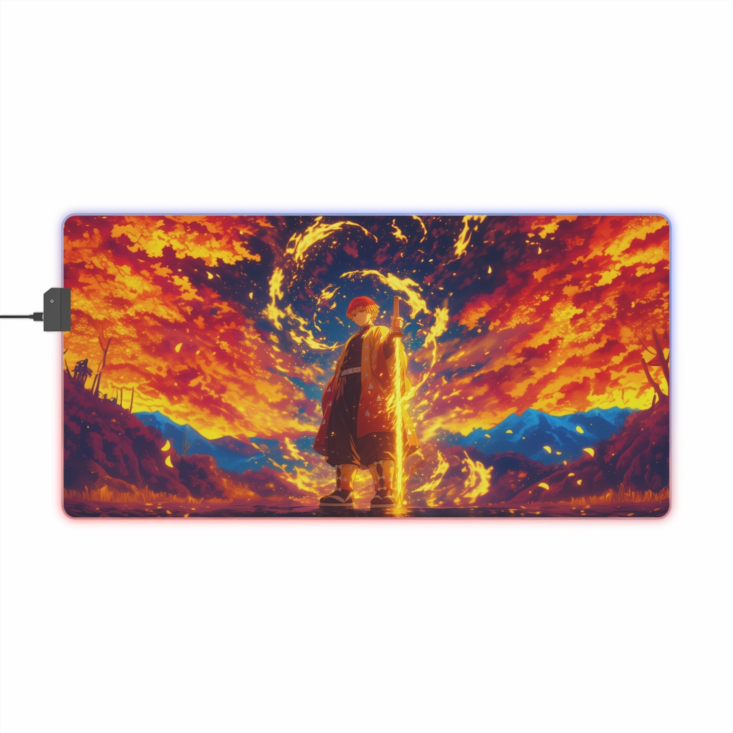 LED Gaming Mouse Pad — Vibrant Sunset Warrior RGB Desk Mat for Gamers