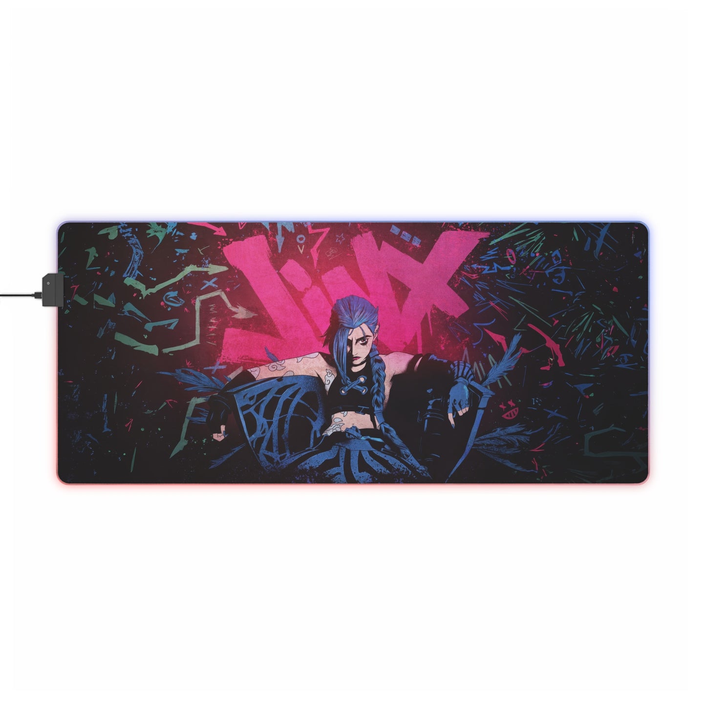 LED Gaming Mouse Pad — Neon Cyberpunk Jinx Design, RGB Light-Up Extended Desk Mat