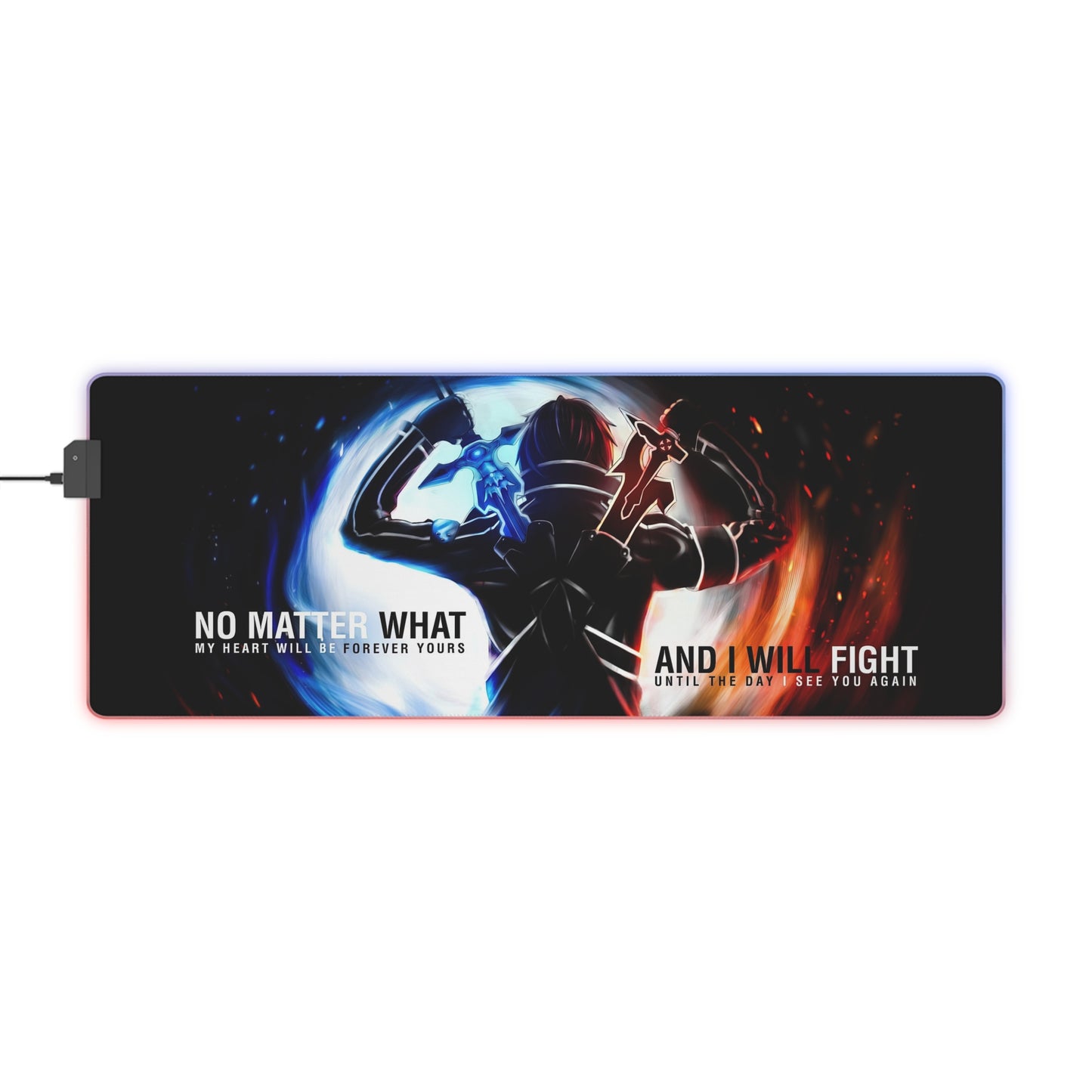 LED Gaming Mouse Pad — Dual Blade Warrior RGB Desk Mat with "No Matter What… And I Will Fight" Quote