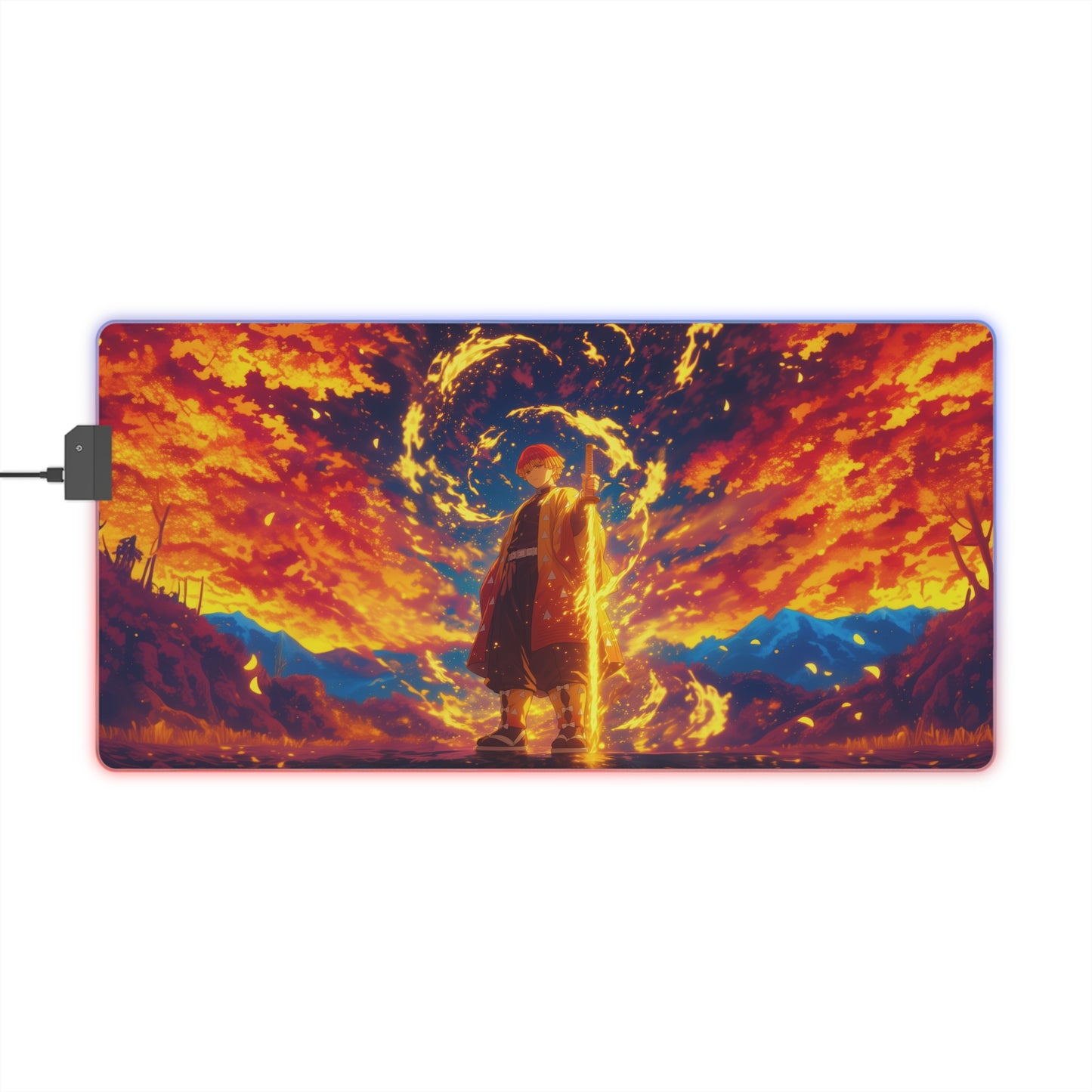 LED Gaming Mouse Pad — Vibrant Sunset Warrior RGB Desk Mat for Gamers