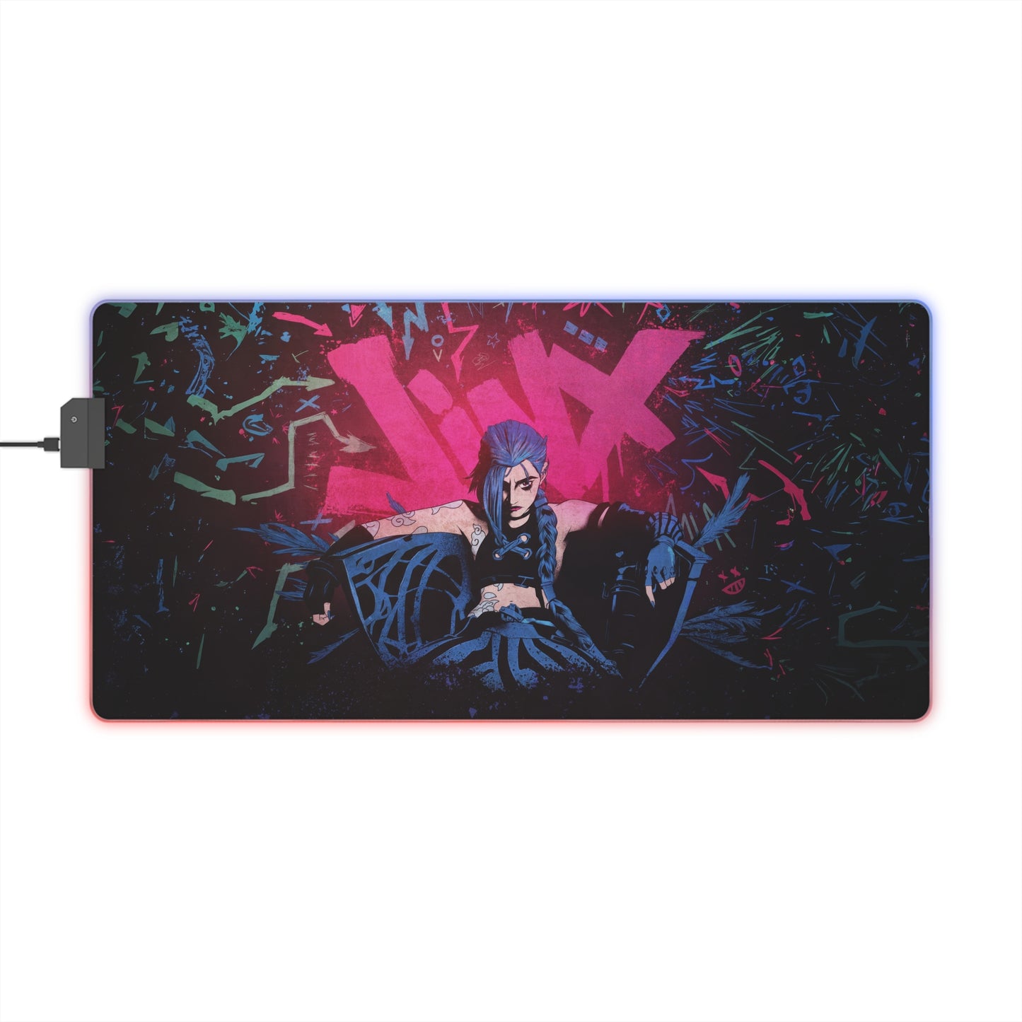 LED Gaming Mouse Pad — Neon Cyberpunk Jinx Design, RGB Light-Up Extended Desk Mat