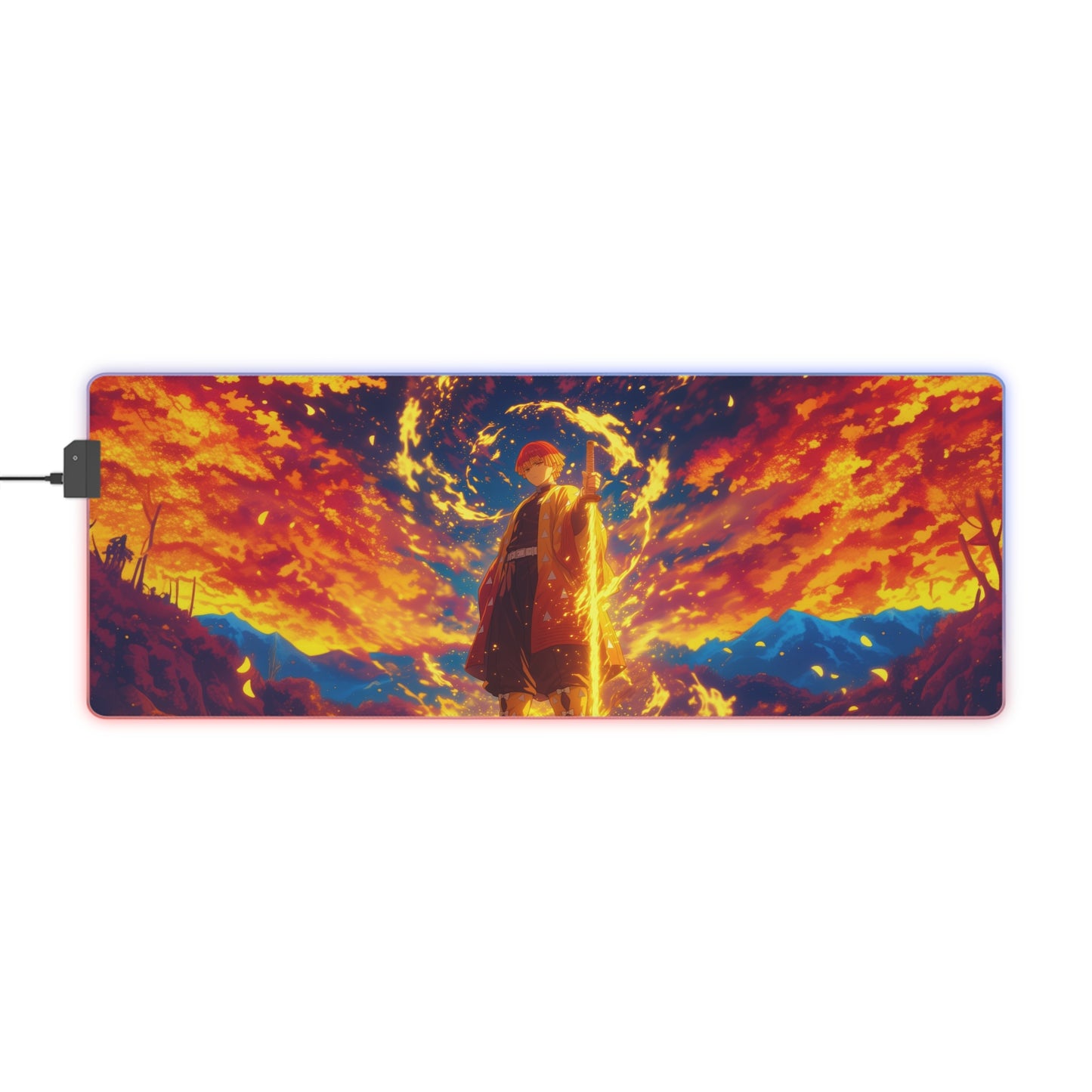 LED Gaming Mouse Pad — Vibrant Sunset Warrior RGB Desk Mat for Gamers