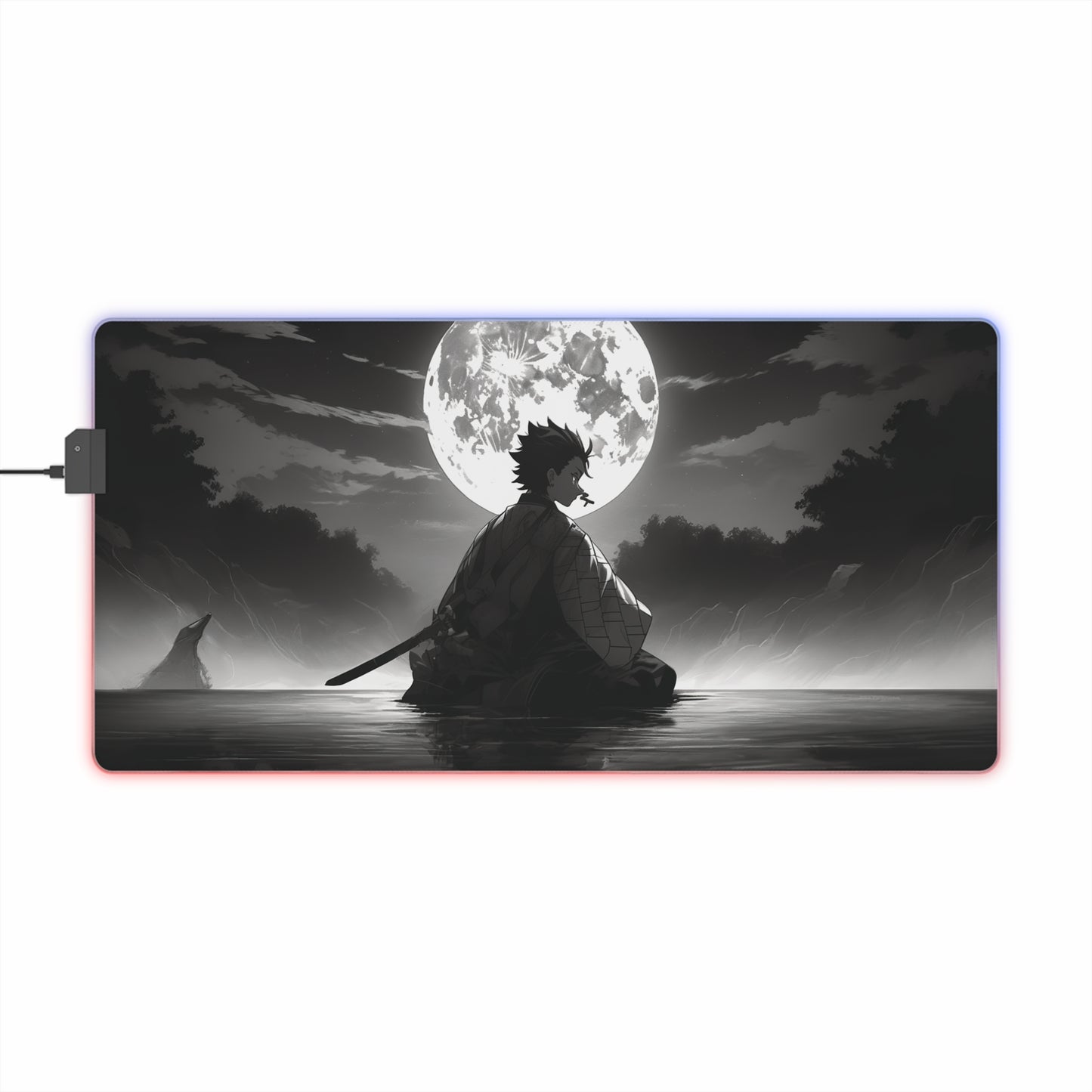 Samurai Moon LED Gaming Mouse Pad — RGB Extended Desk Mat for Gamers