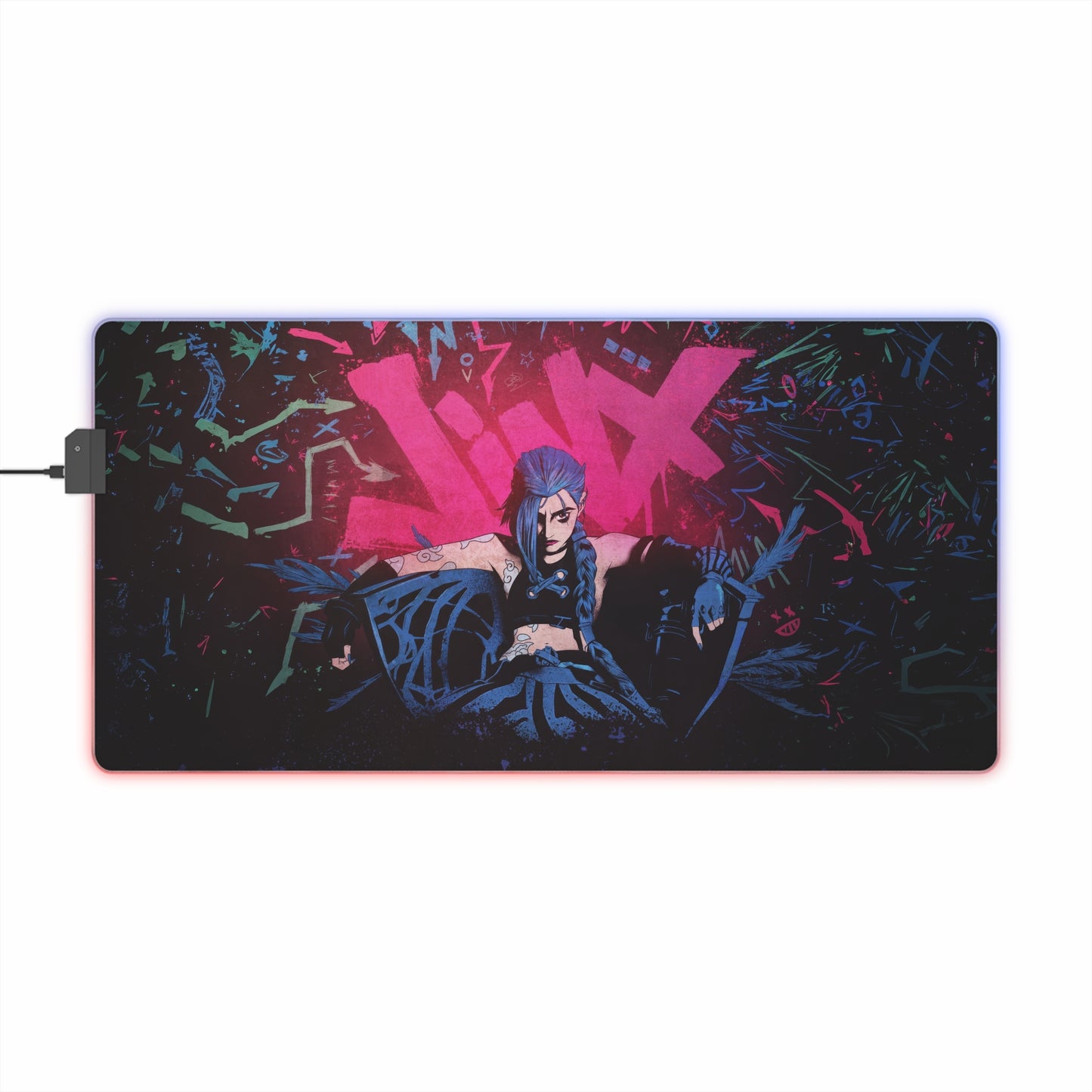 LED Gaming Mouse Pad — Neon Cyberpunk Jinx Design, RGB Light-Up Extended Desk Mat